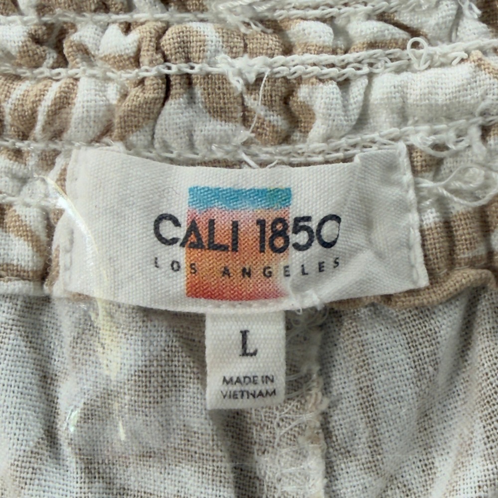Cali 1850 Linen Blend Pants Womens Large Tan Tropical Palm Leaf Print Boho - Picture 6 of 12